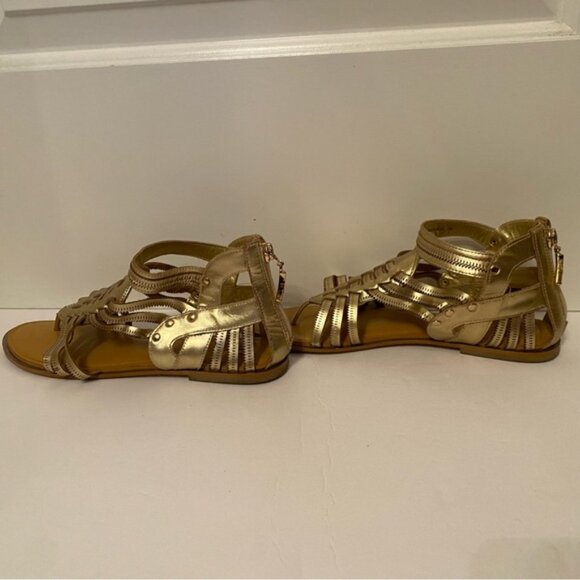 DIANE VON FURSTENBERG SHOES SANDALS THONG FLAT GLADIATOR STUDS GOLD LEATHER - Picture 5 of 12